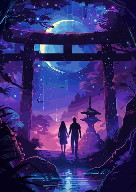 Couple under Torii Gate at Night