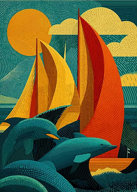 Sailboats and Dolphins in Graphic Style