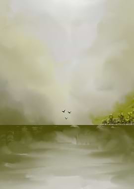 Serene Olive Green Landscape with Birds