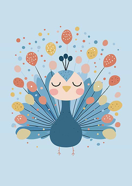 Cute Peacock Illustration on Blue Background