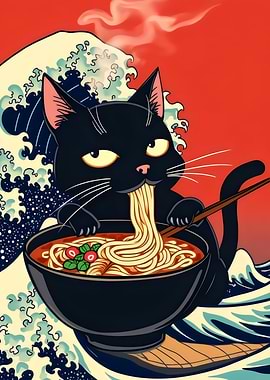 Black Cat Eating Ramen Ukiyo-e Style, Vintage Black Cat Eating Ramen Noodle Retro Japan Pattern