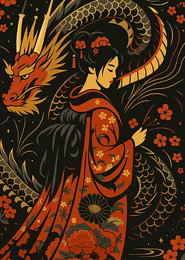 Geisha and Dragon Art Illustration