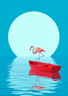 Flamingo in a Boat on Water