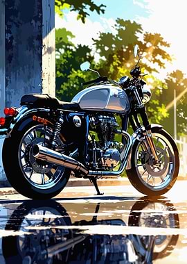 Classic Motorcycle on Wet Pavement