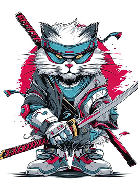 Cyberpunk Ninja Cat with Swords