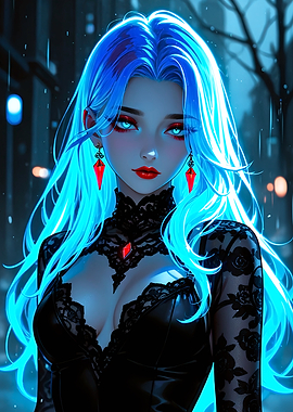 Blue-haired woman in black lace dress