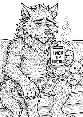 Sleepy Werewolf with Coffee