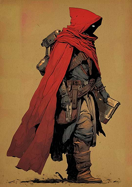 Red Hooded Figure with Book and Gun