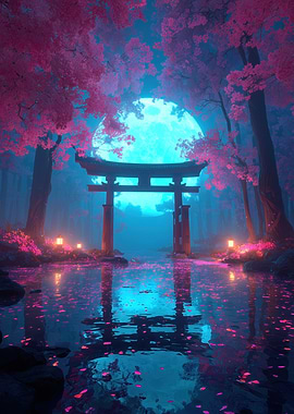 Japanese Torii Gate with Cherry Blossoms