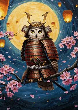 Samurai Owl with Cherry Blossoms