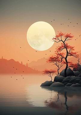 Japanese Landscape with Moon and Trees