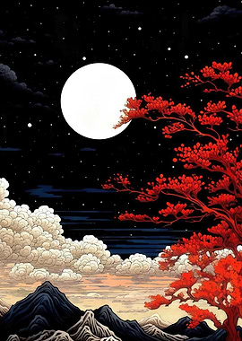 Japanese Landscape with Moon and Tree