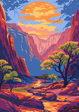 Colorful Canyon Landscape with Setting Sun