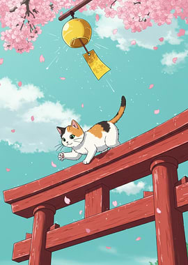 Calico Cat on Torii Gate