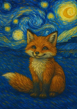 Fox in Starry Night Painting