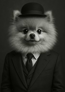 Pomeranian Dog in Suit and Bowler