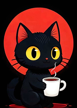 Black Cat with Coffee Mug