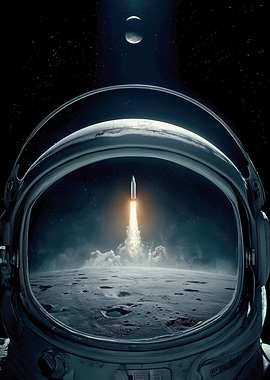 Astronaut Helmet View of Rocket Launch from Lunar Surface