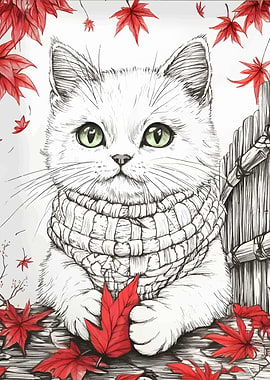 Autumn Cat with Maple Leaves
