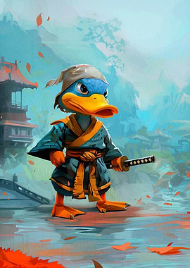 Duck Samurai in Japanese Landscape