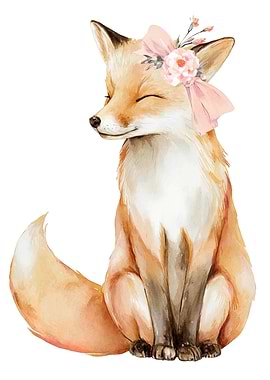 Watercolor Fox with Floral Bow