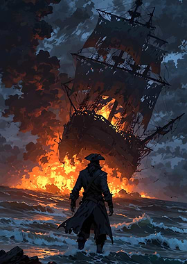 Burning Ship and Pirate on Shore
