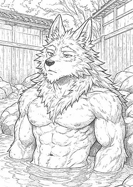 Muscular Anthro Wolf in Hot Spring