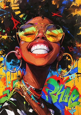 Smiling Woman with Sunglasses and Graffiti