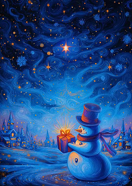 Snowman with Gift in Winter Landscape