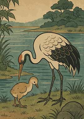 Crane and Chick by the Water