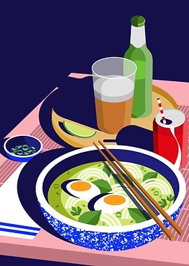 Ramen Still Life with Drinks