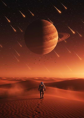Astronaut on Mars with Meteor Shower
