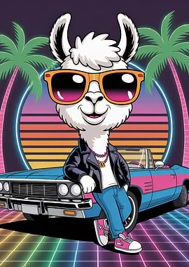Cool Llama with Car and Palms