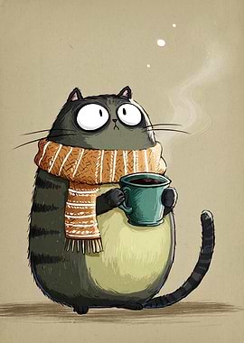 Cartoon Cat with Coffee