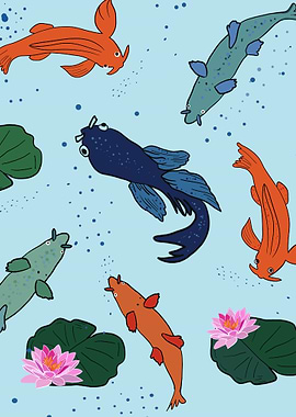 Cartoon Koi Fish and Lily Pads