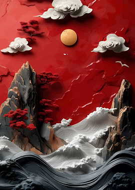 Red Sky Mountain and Sea Landscape