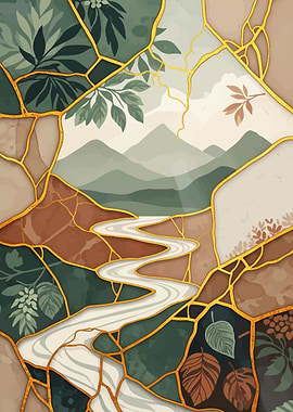 Kintsugi Landscape with River and Foliage