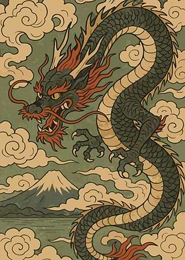 Japanese Dragon with Mount Fuji Art