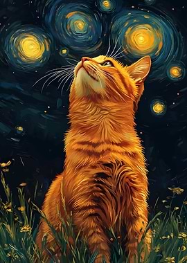 Ginger Cat Gazing at Starry Night