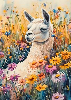 Llama in a field of flowers