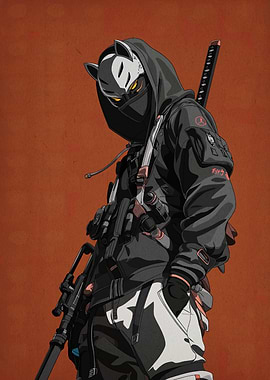 Cyberpunk Ninja with Fox Mask