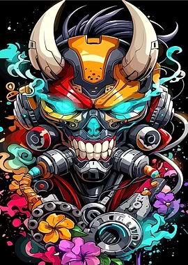 Cyberpunk Oni Mask with Floral Accents