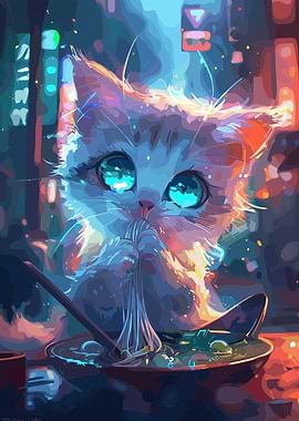 Anime Cat Eating Ramen