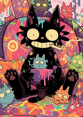 Cartoon Black Cat with Colorful Surroundings