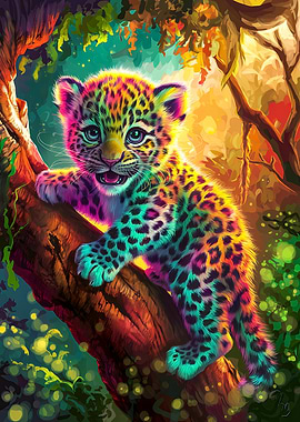 Colorful Leopard Cub in a Fantasy Forest