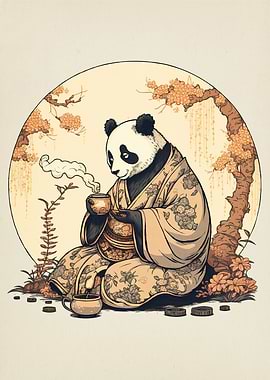 Panda Kimono Drinking Tea