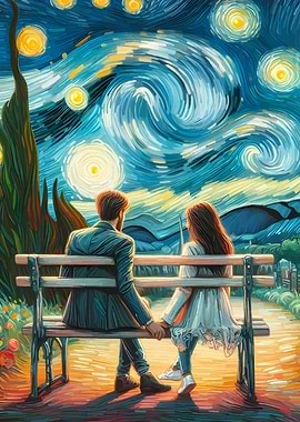Couple on Bench Under Starry Night