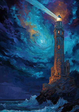 Lighthouse at Night Painting