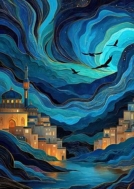 Blue and Gold Oriental Cityscape