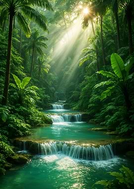 Tropical Waterfall in Lush Green Forest
